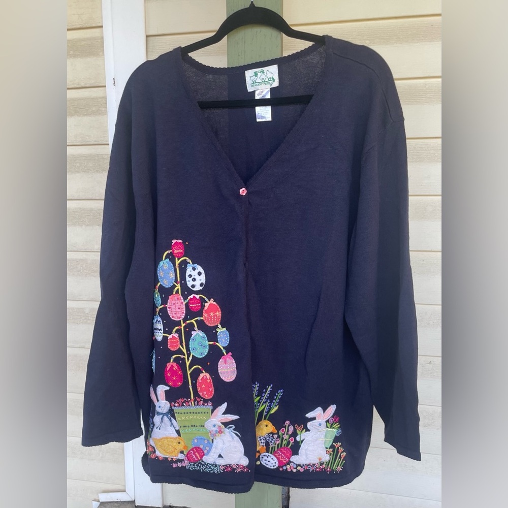 Quacker Factory Easter Bunny Egg Themed Sweater Cardigan Sz 2X